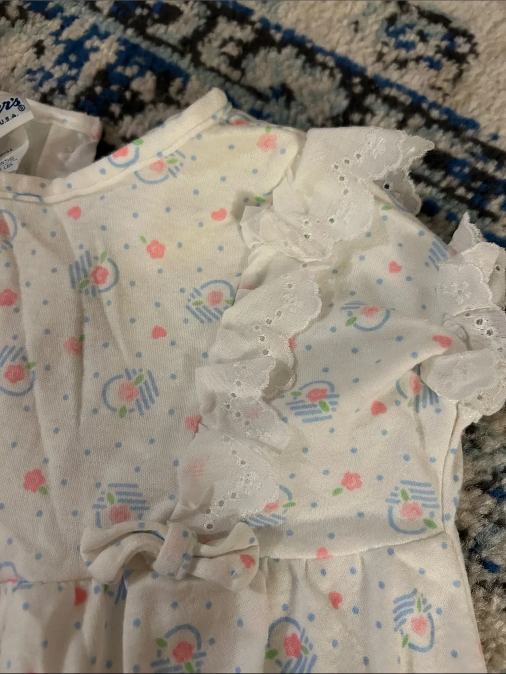 Vintage Carter's Pastel Floral Romper with Eyelet Lace Trim Size 6M